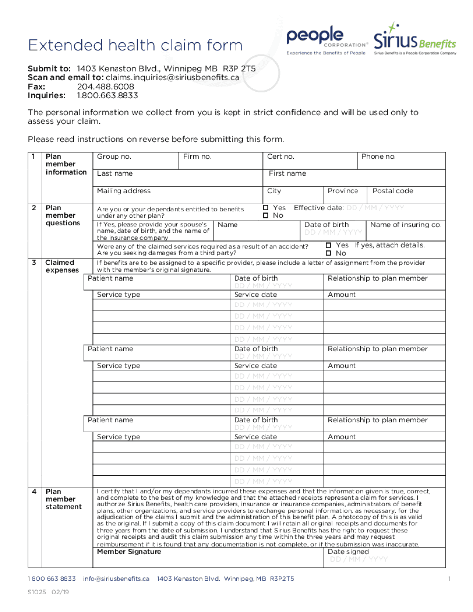 EXTENDED HEALTH CLAIM FORM Sirius Benefits