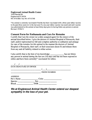 Consent Form for Euthanasia and Care for Remains Pet Care Hospital