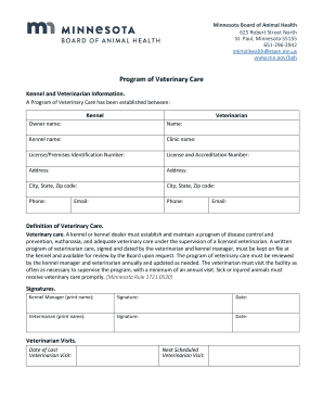 Program of Veterinary Care Minnesota Board of Animal Health  Form