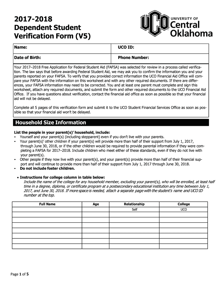  UCO Dependent Student Verification Form V5 2017