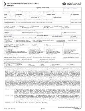 Eastwest Customer Information Sheet