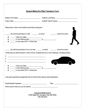 Student WalkerCar Rider Permission Form Schools