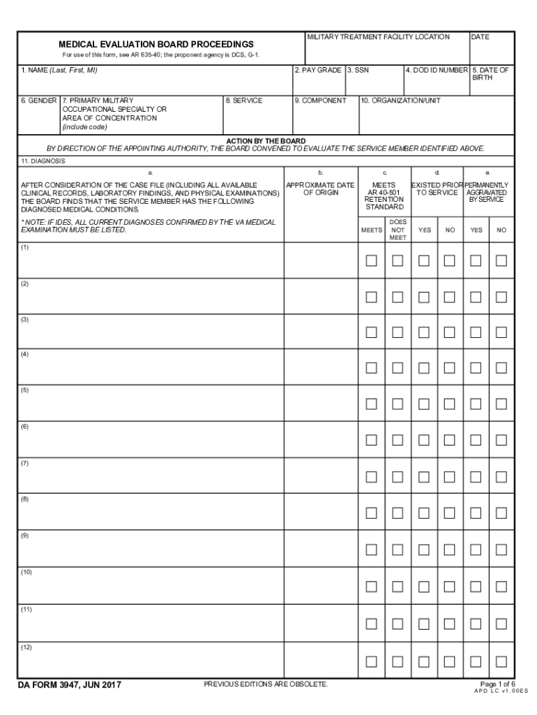  MEDICAL EVALUATION BOARD PROCEEDINGS DA FORM 3947, JUN 2017-2024