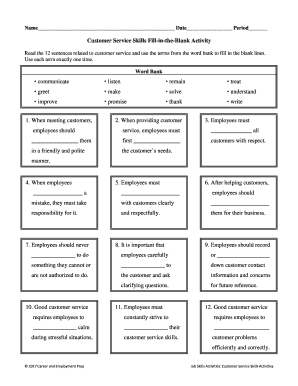 Customer Service Skills Fill in the Blank Activity Answer Key  Form