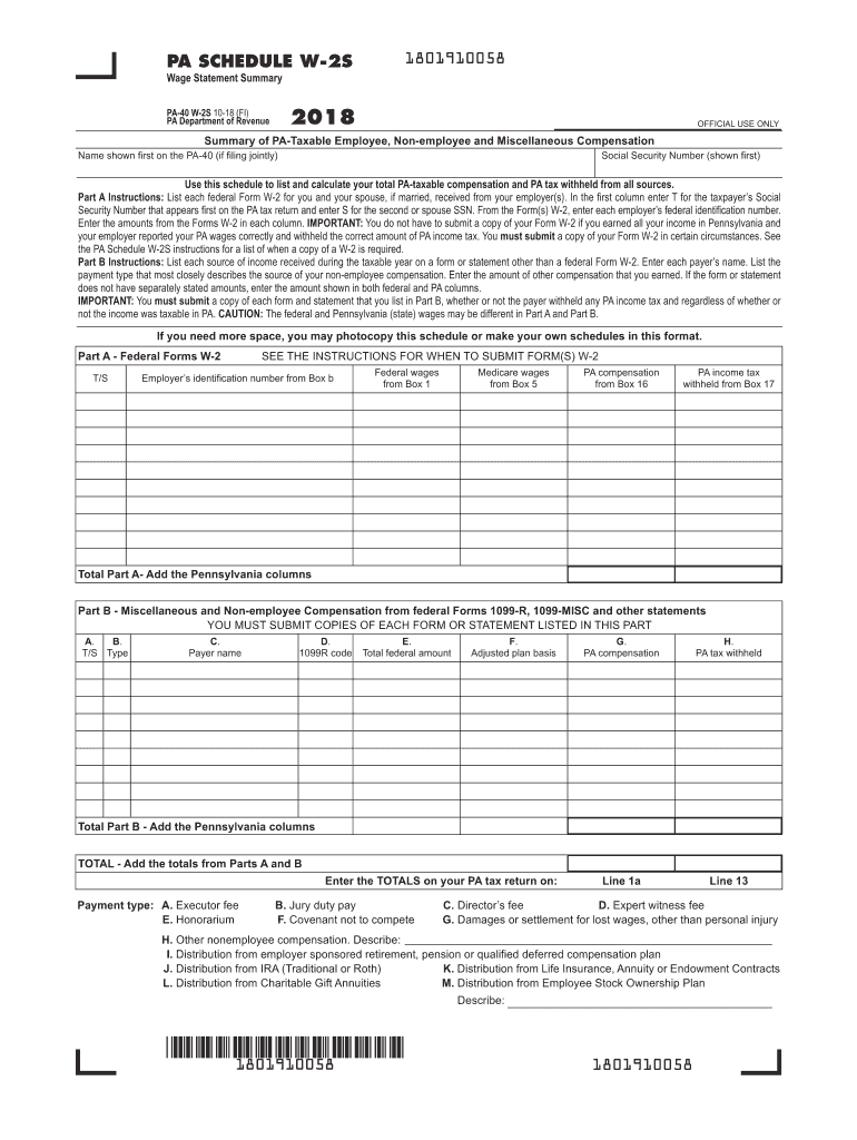  PA Schedule W 2S  Wage Statement Summary PA 40 W 2S FormsPublications 2018