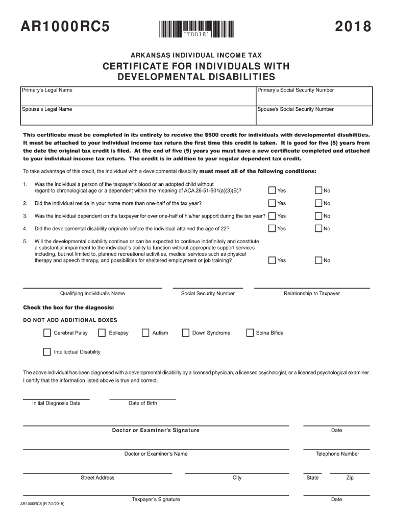  Arkansas Tax Form Ar1000rc5 2018