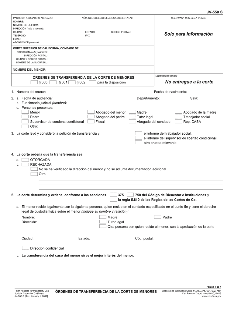  JV 550 S Juvenile Court Transfer Orders Spanish Judicial Council Forms 2017-2024