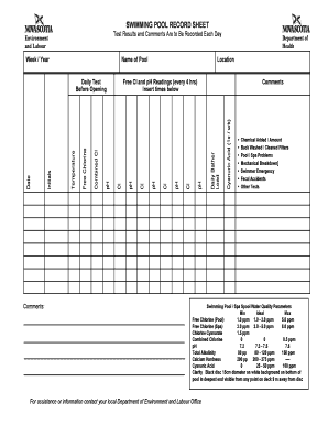 Swimming Pool Water Testing Record Sheet  Form