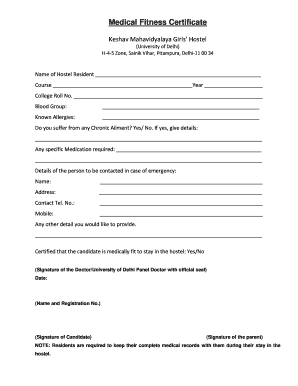 Medical Certificate for Hostel Admission  Form