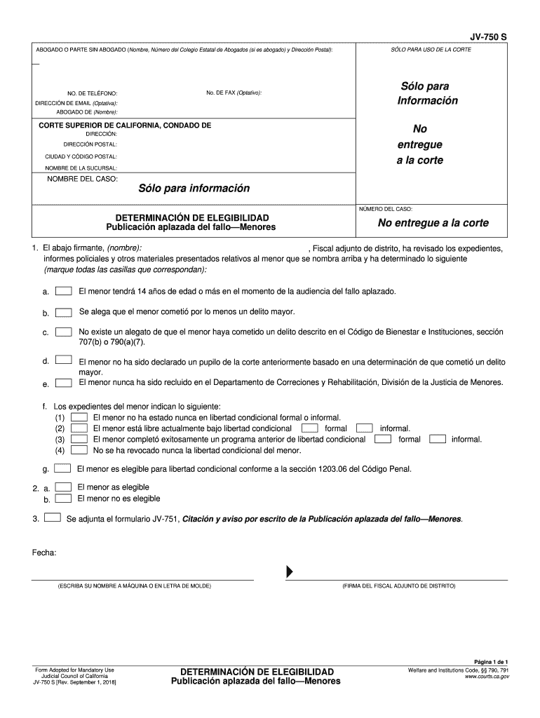  JV 750 S DETERMINATION of ELIGIBILITY Deferred Entry of JudgmentJuvenile Spanish Judicial Council Forms 2018-2024