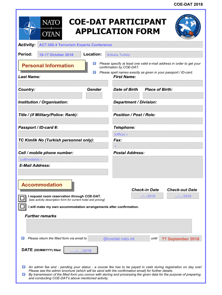  COE DAT Participant Application Form NATO 2018-2024