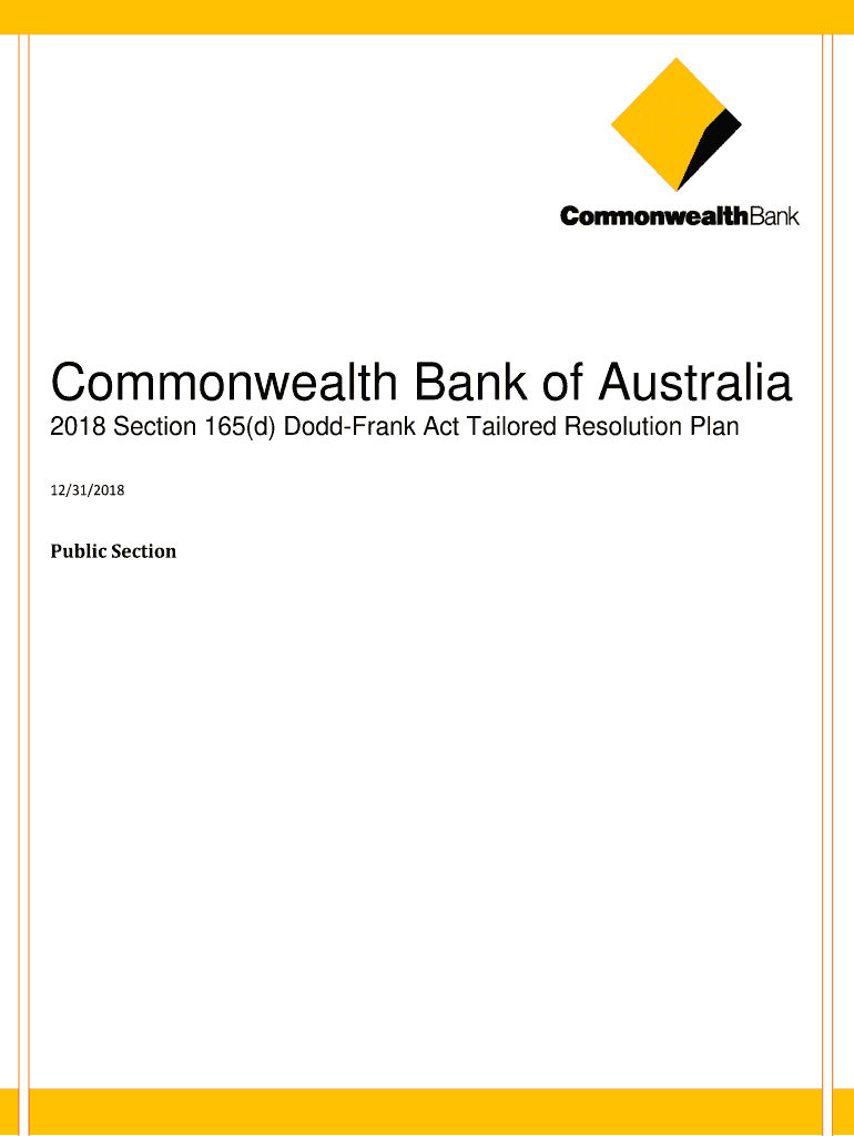 Get and Sign Commonwealth Bank of Australia Section 165d Dodd Frank Act Tailored Resolution Plan 2018-2022 Form
