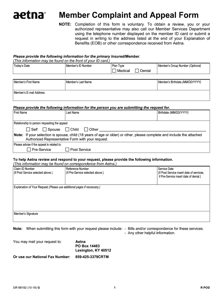  Aetna Appeal Form 2018-2024