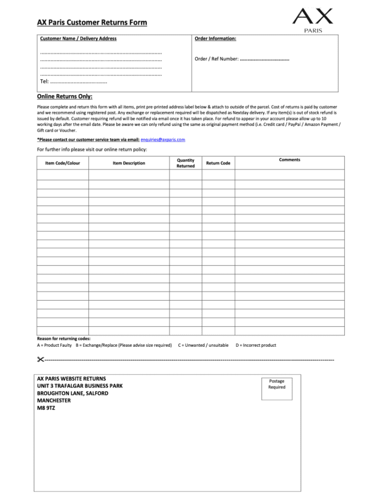 AX Paris Customer Returns Form