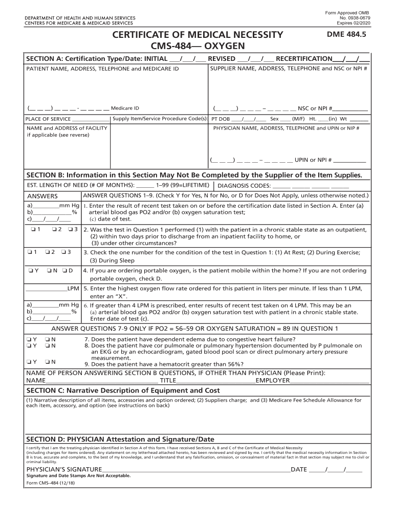  CERTIFICATE of MEDICAL NECESSITY CMS 484 OXYGEN 2018-2024