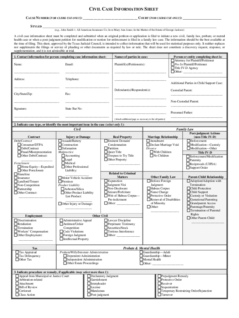  CIVIL CASE INFORMATION SHEET Print CAUSE NUMBER FO 2016-2024