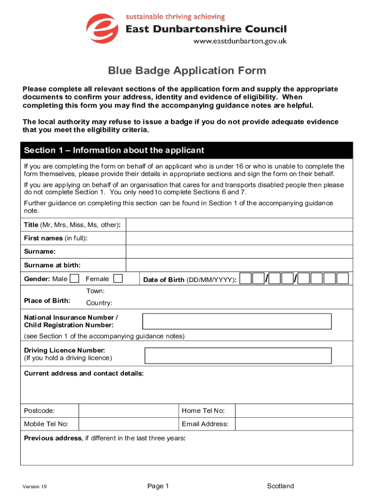 Scotland Blue Badge Application  Form