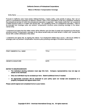 CA Workers Compensation Officer Waiver Form AmTrust Financial