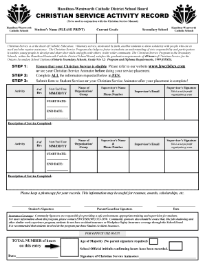 HWCDSB CHRISTIAN SERVICE ACTIVITY RECORD SHEET Black &amp;amp; White Logo Updated June 3rd,  Form