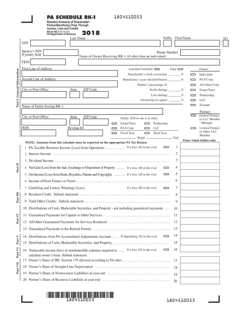 Pa Schedule Rk 1  Form