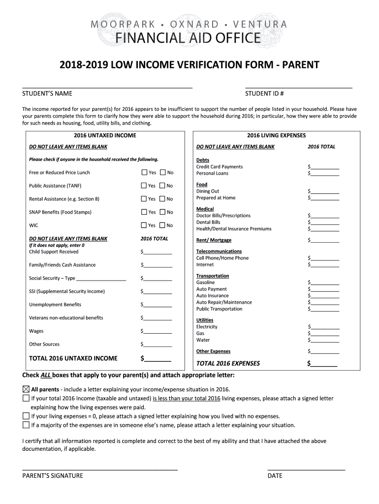  LOW INCOME VERIFICATION FORM PARENT 2018