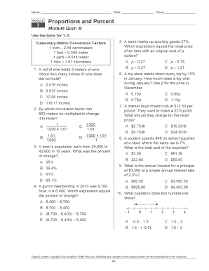Proportions and Percents Module Quiz B Answers  Form