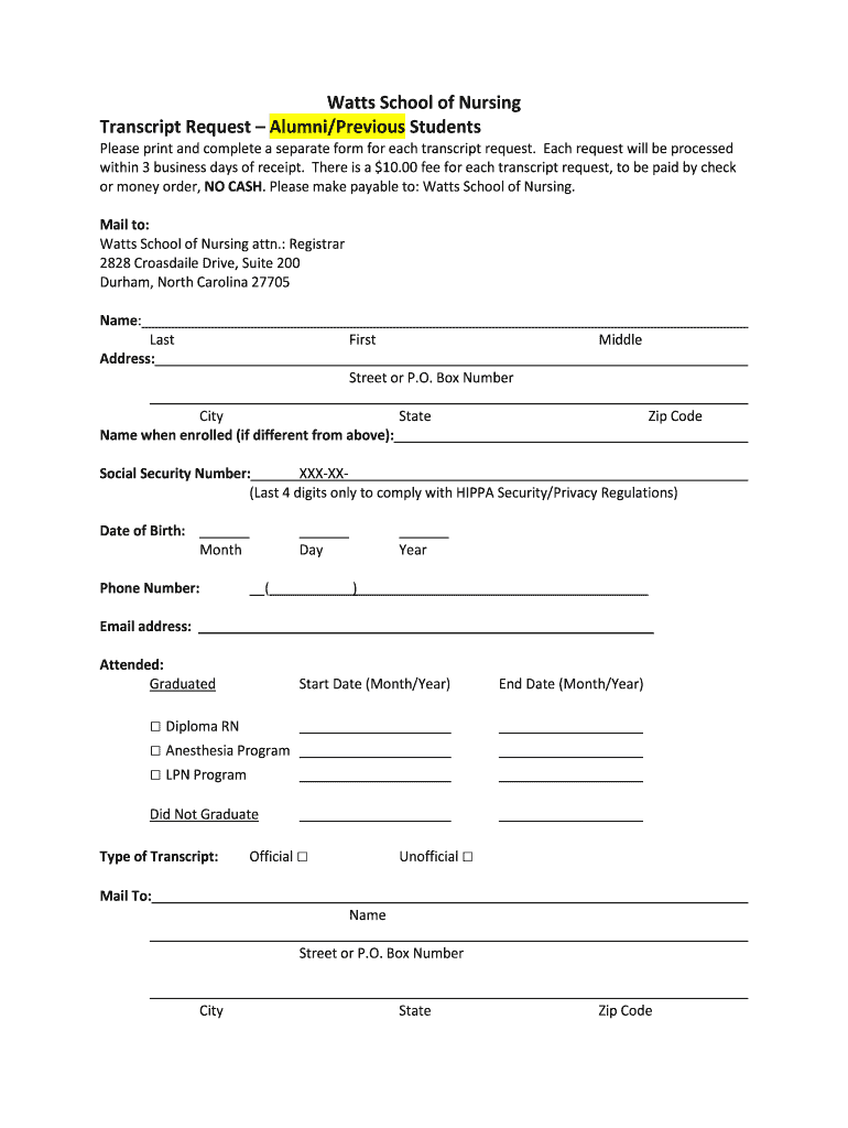 Watts School of Nursing Transcript RequestAlumniPrevious  Form