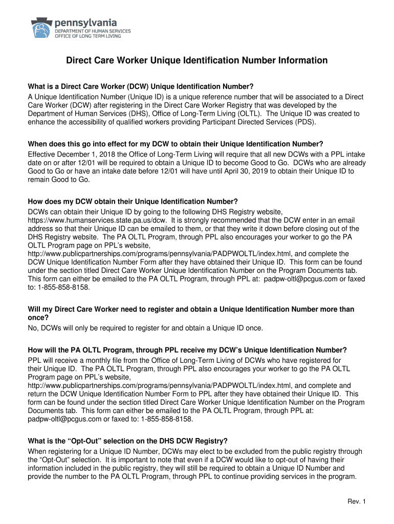 Dcw Unique ID Number  Form