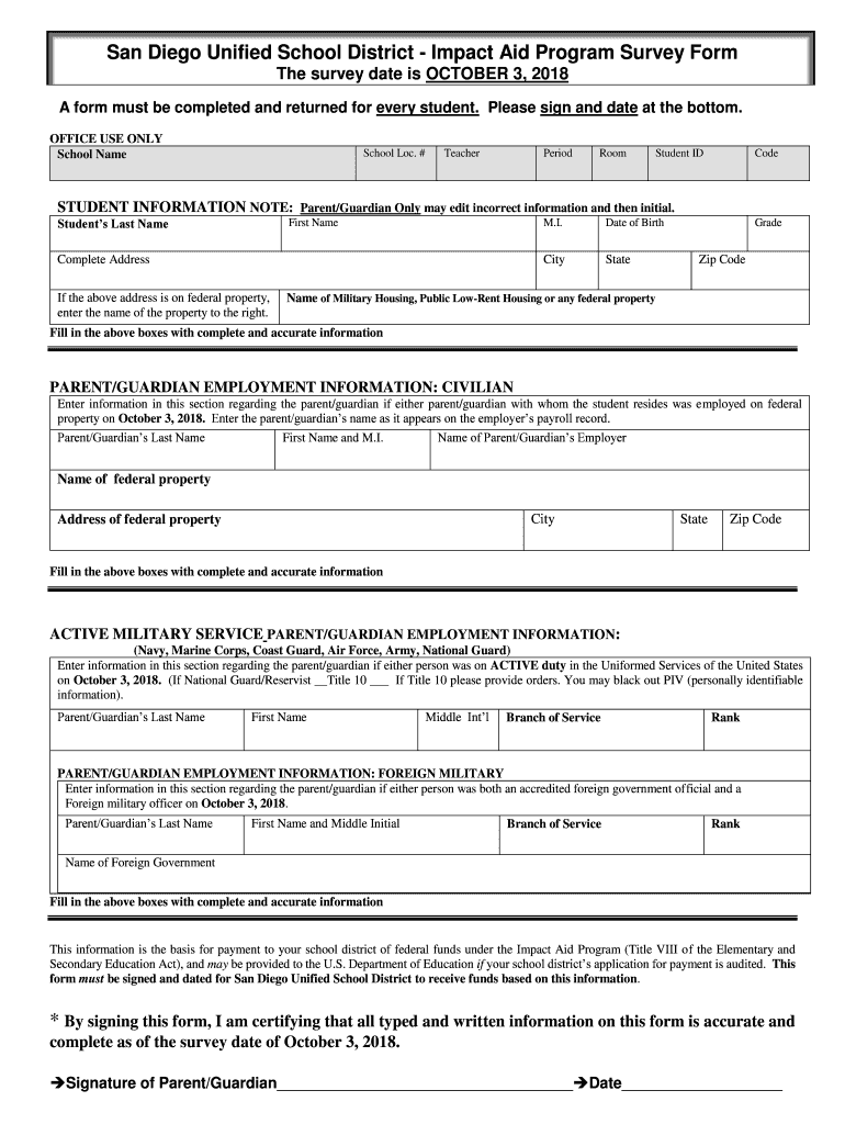 San Diego Unified School District Impact Aid Program Survey Form