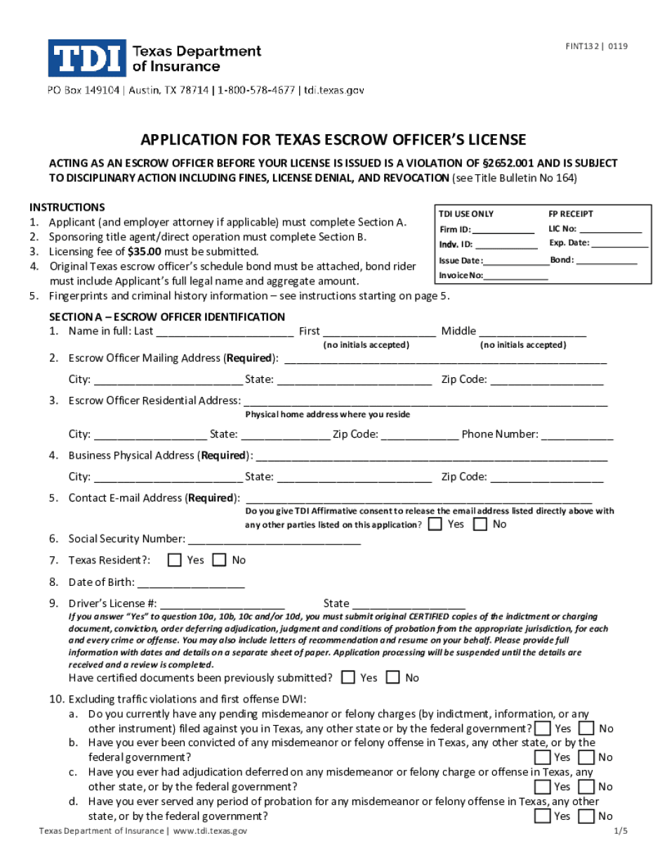 Application for Texas Escrow Officer's License Texas Department  Form