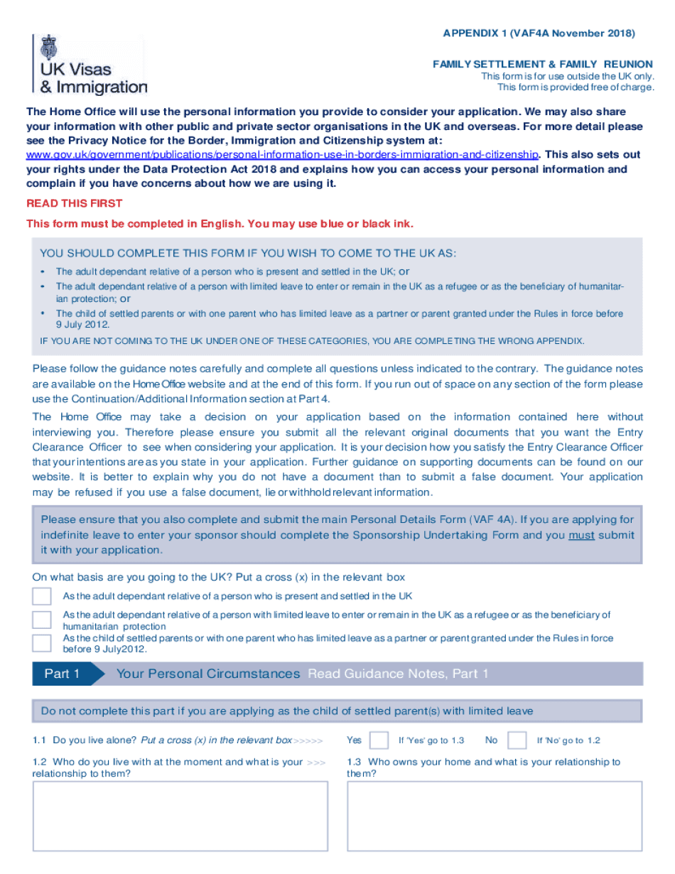  Application for Visa Family Settlement or Reunion Form Appendix 1 2018