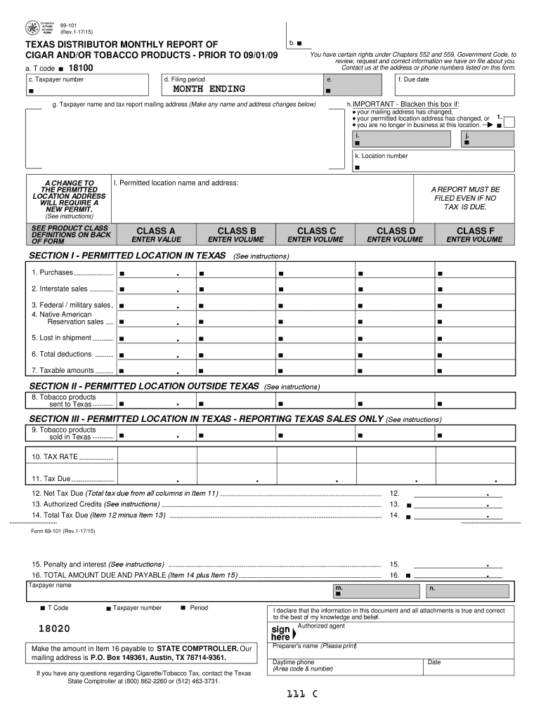  69 101 Distributor Monthly Report of Cigar Andor Tobacco Products 2017-2024