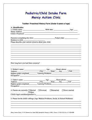 PediatricChild Intake Form Mercy Autism Clinic