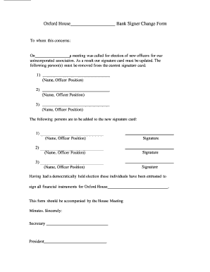 Oxford House Bank Signer Change Form