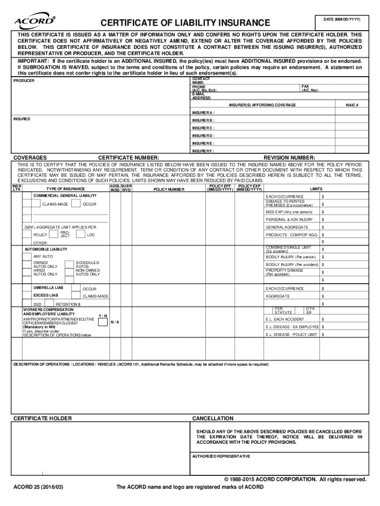 Certificate of Liability Insurance SFM Mutual Insurance 2016-2025