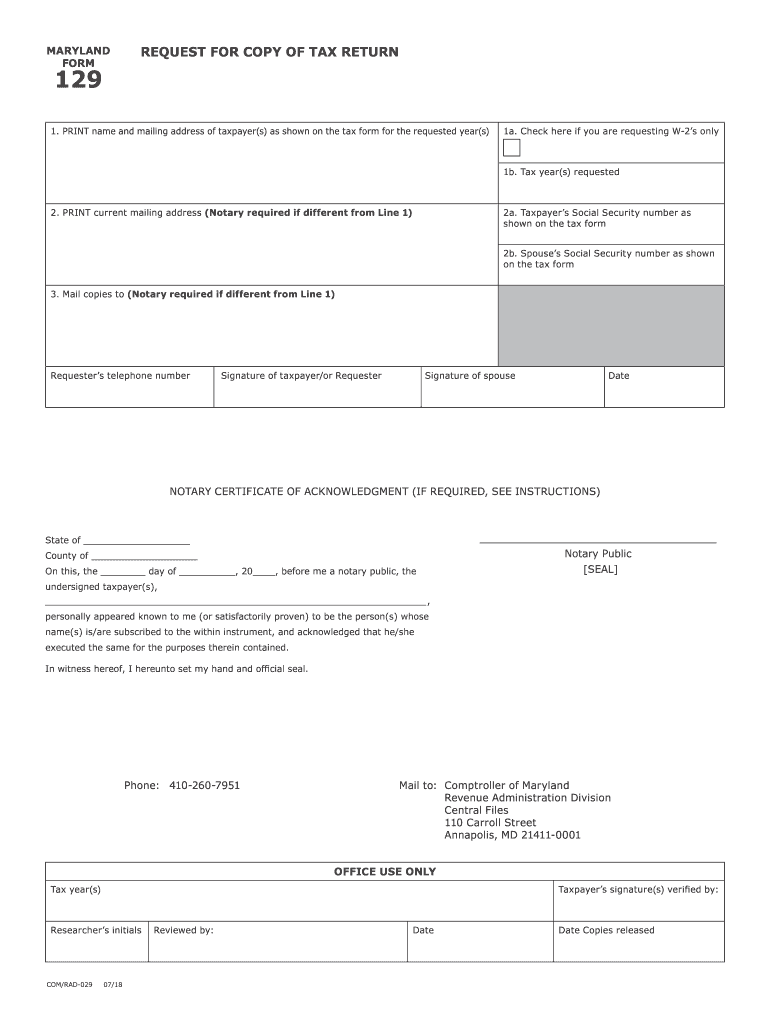  Form 129 Maryland Taxes Comptroller of Maryland 2018