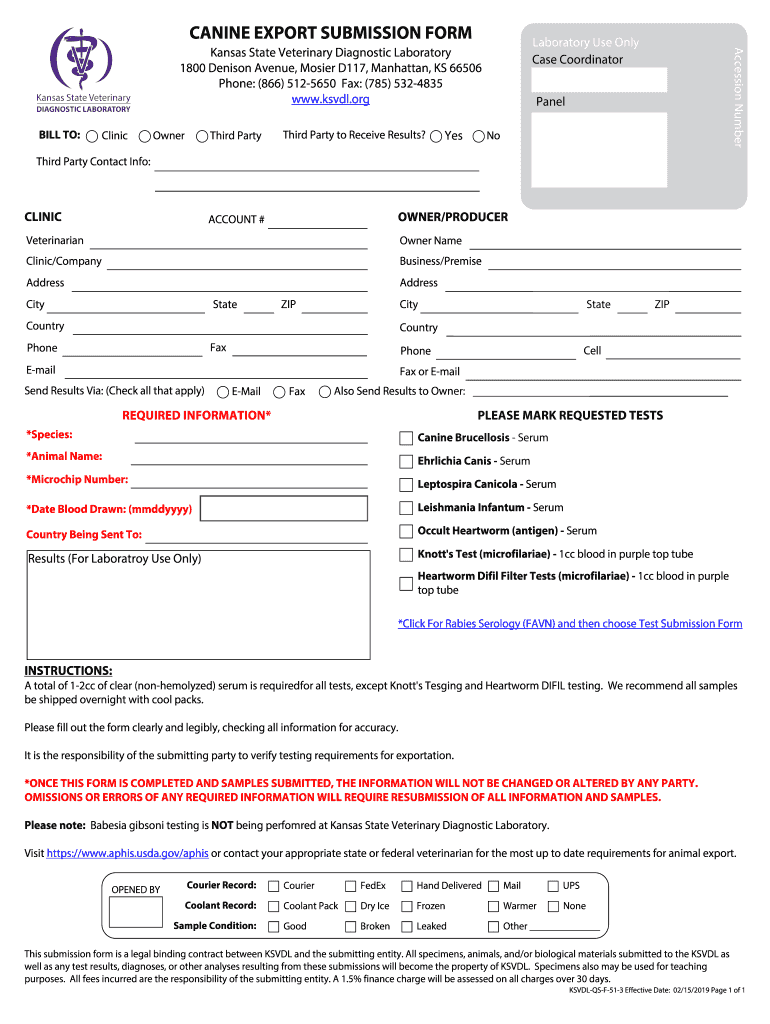  Canine Export Submission Form Kansas State Veterinary 2019