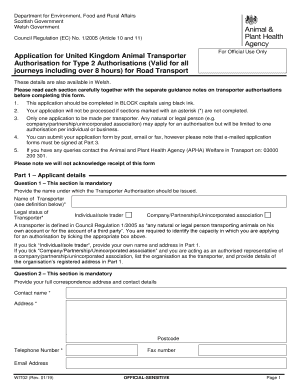  Application for United Kingdom Animal Transporter Authorisation for 2019-2024