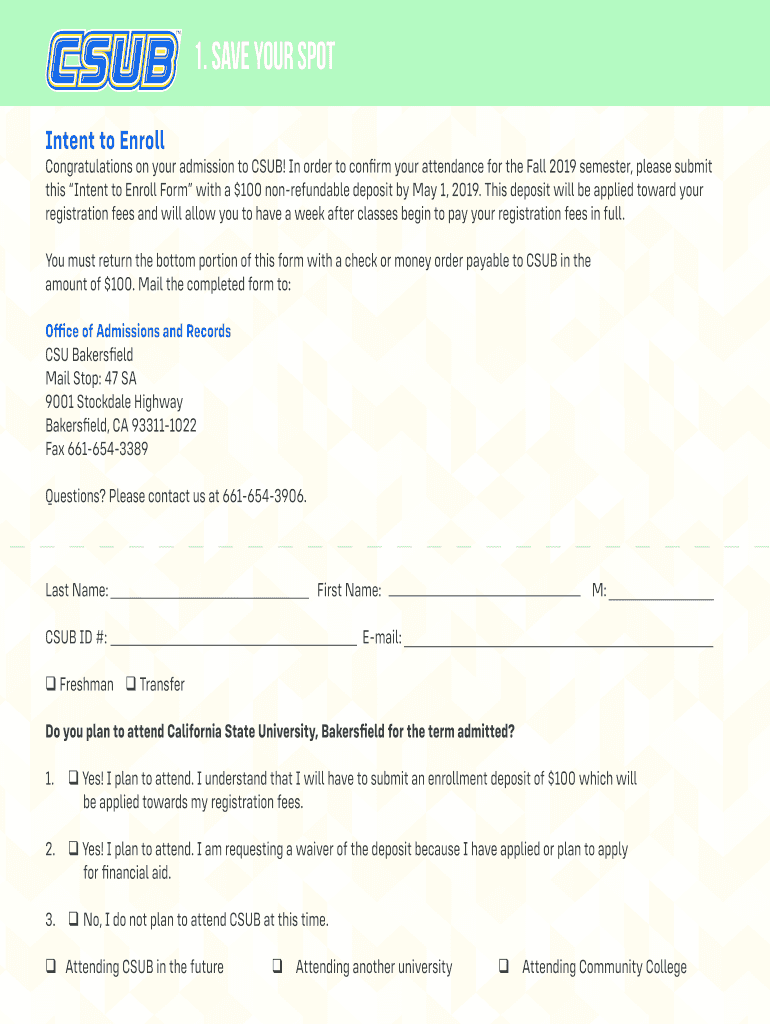  Csub Intent to Enroll Form 2019