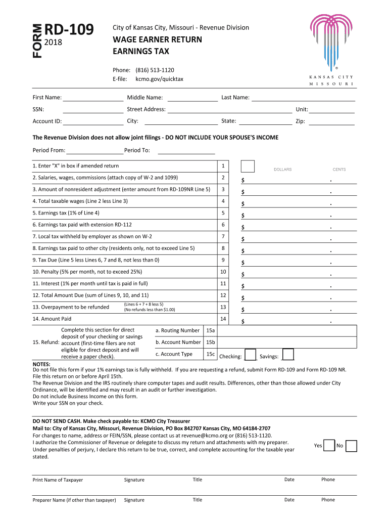 Get and Sign Kansas City Earnings Tax Form 2018-2022