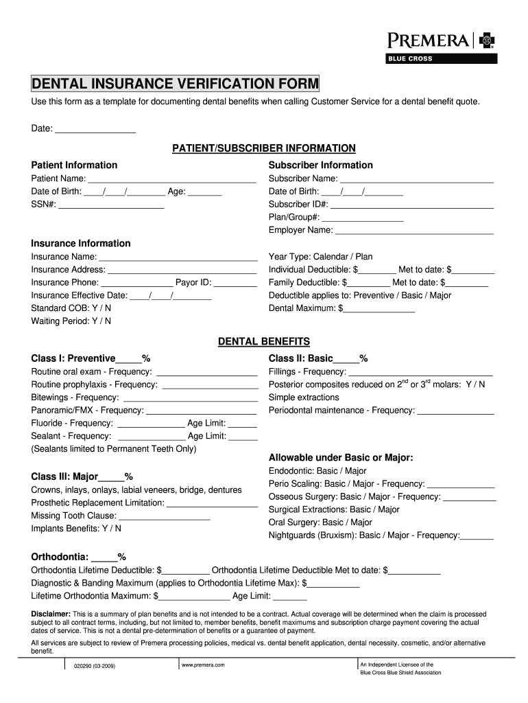  Dental Insurance Breakdown Form 2009-2024