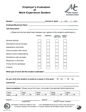 Work Experience Evaluation Example  Form