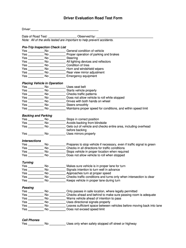 Safe Driving Evaluation Template Yes No  Form