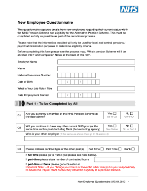 Nhs Pensions New Employee Questionnaire  Form