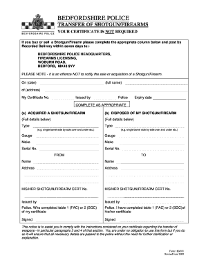 NOTIFICATION of TRANSFER or DISPOSAL of a FIREARM or SHOT  Form