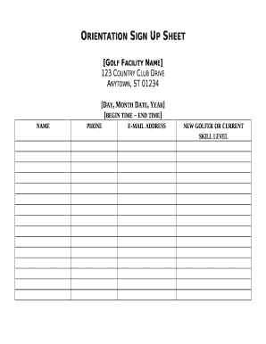 Orientation Sign in Sheet Template  Form