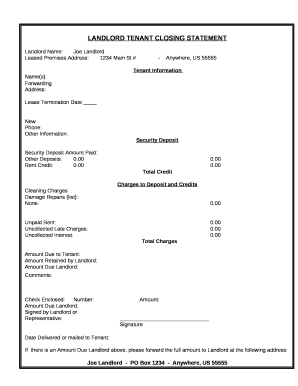 LANDLORD TENANT CLOSING STATEMENT  Form