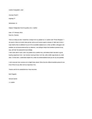 Resignation Letter of Cashier  Form