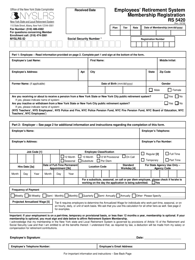  Employees' Retirement System Membership Registration RS5420 for NYSLRS Employers to Register New Employees' Retirement System ER 2018-2024