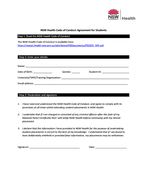 Nsw Health Code of Conduct Agreement for Students  Form